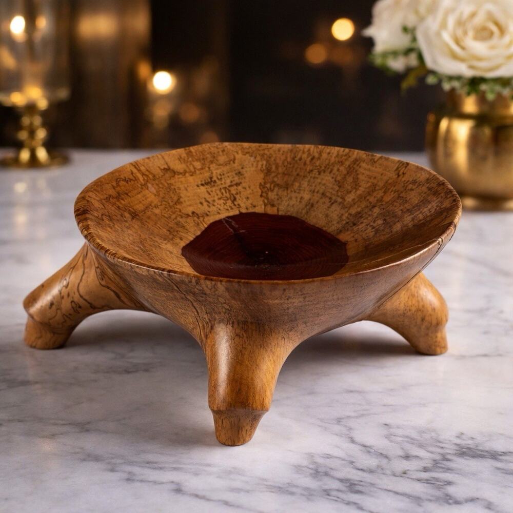 Rare Spalted Burl Wood Bowl 4 Legs Footed Handmade Studio Art